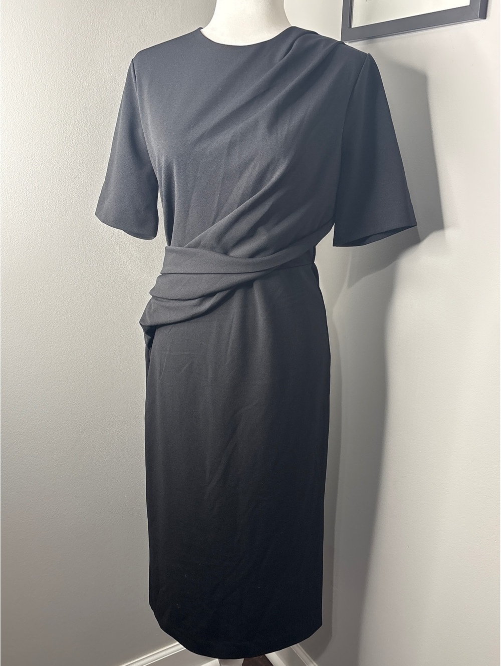 Black Midi Dress with Waist Detail - Size M